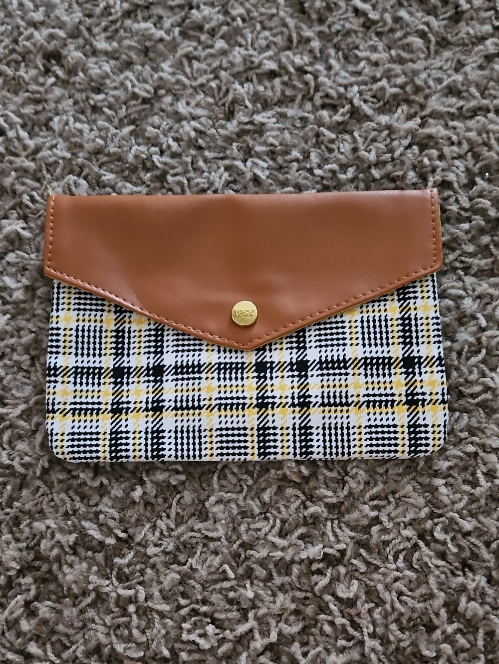 ipsy Plaid Cosmetic Pouch with Brown Faux Leather Flap